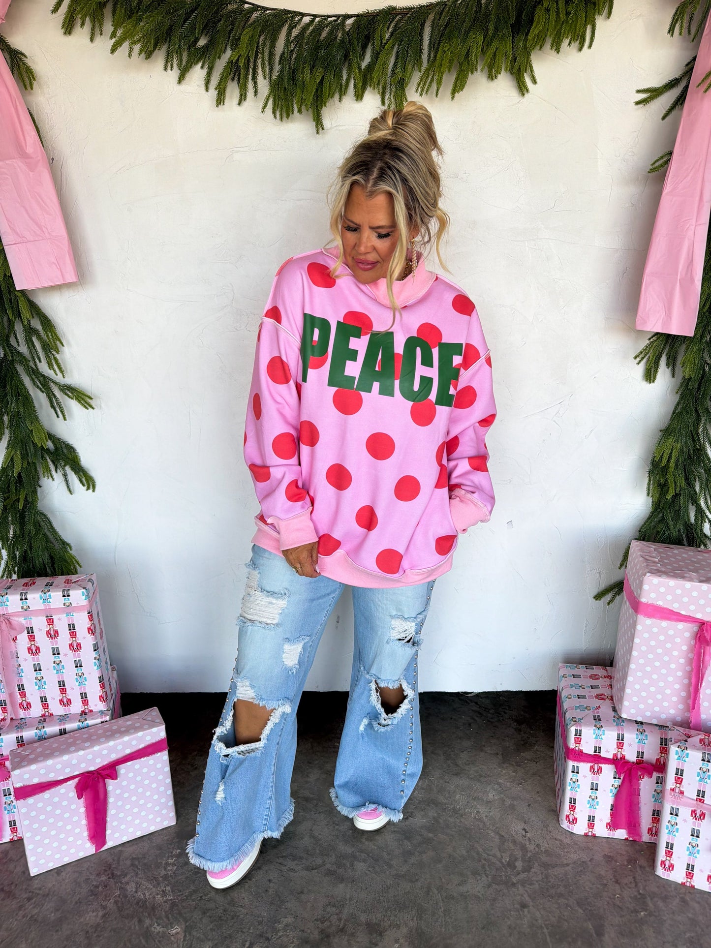 PREORDER- PEACE & POLKA DOT MOCK NECK PULLOVER