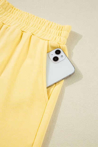 Yellow Colorblock Patchwork Half Button Pullover and Shorts Outfit