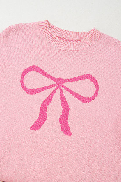 Pink Bow Round Neck Pullover Sweater