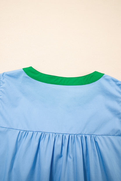 Mist Blue Ruffle Trim V-Neck Puff Sleeve Blouse