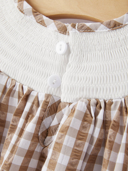 Girls Thanksgiving Smocking Embroidered Brown Plaid Dress