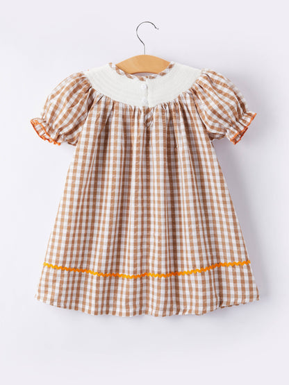 Girls Thanksgiving Smocking Embroidered Brown Plaid Dress