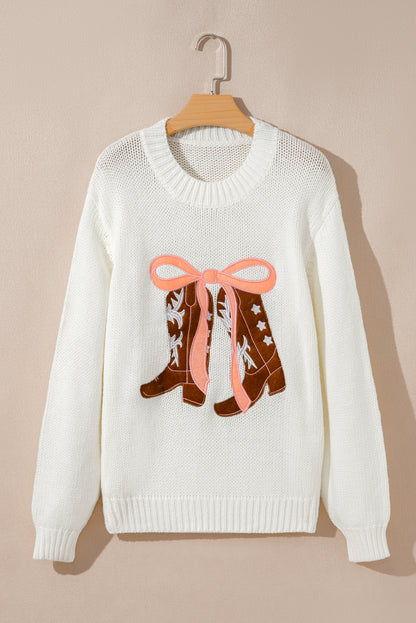 White Embroidered Bow Boots Graphic Drop Shoulder Sweater