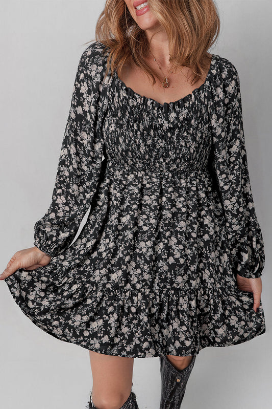 Black Floral Shirred Mini Dress RTS