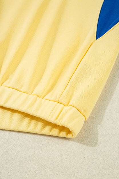 Yellow Colorblock Patchwork Half Button Pullover and Shorts Outfit