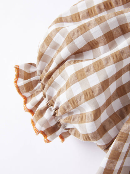 Girls Thanksgiving Smocking Embroidered Brown Plaid Dress