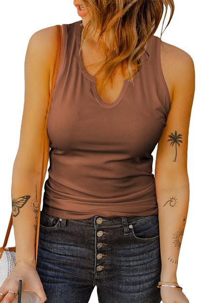 Casual Split Neck Ribbed Knit Tank Top