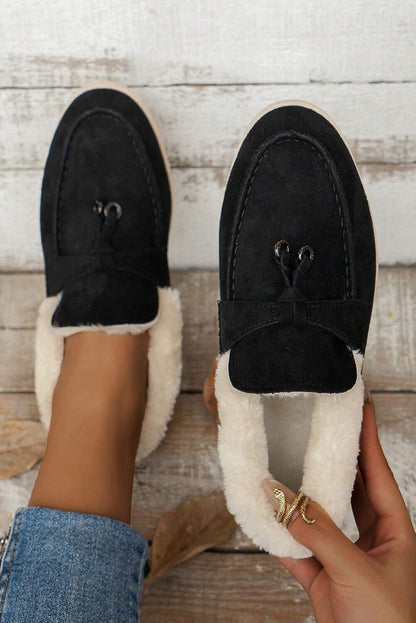 Chestnut Suede Furry Lined Slip On Flat Shoes