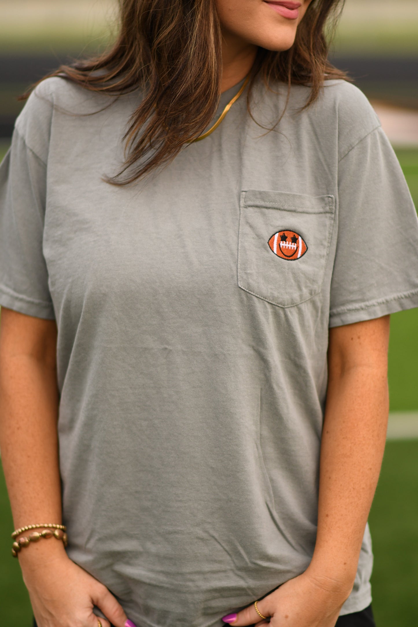 Football Smiley Embroidered Pocket Pick Your Color Tee