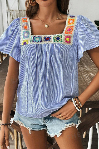 Blue Stripe Boho Flower Blouse FB