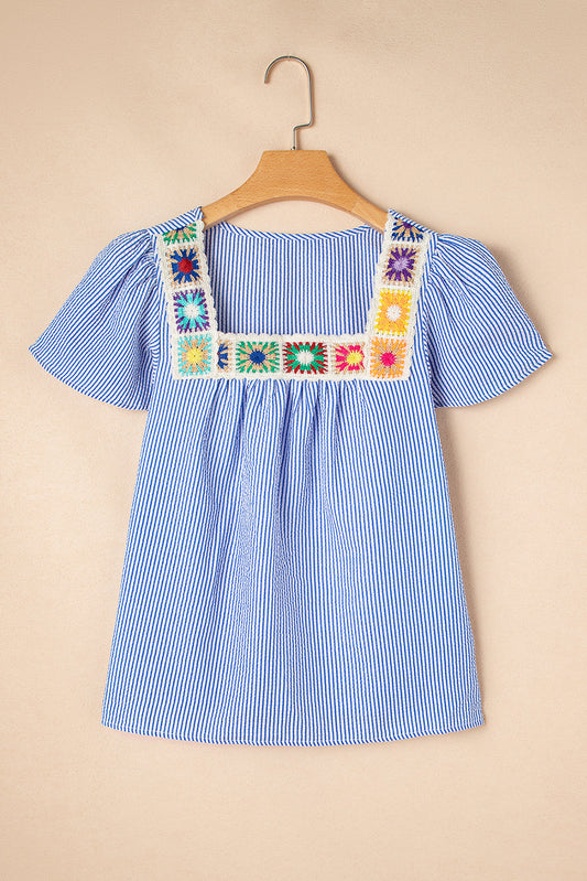 Blue Stripe Boho Flower Blouse FB