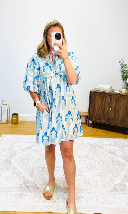 Blue Floral Striped Dress RTS