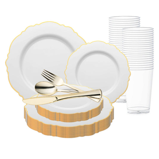 White with Gold Rim Round Blossom Plastic Wedding - 60 Sets