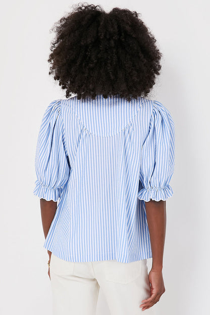 Blue Stripe Ruffle Collar Blouse RTS