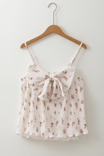 White Floral Pleated Tank With Bow On Back RTS