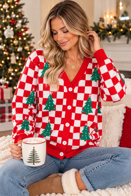 Red Checkered V Neck Cardigan Sweater RTS