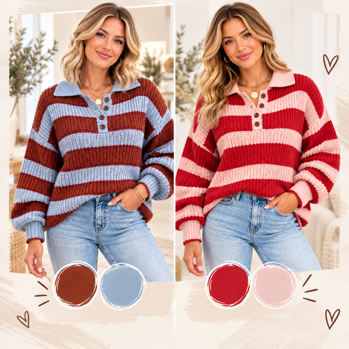Dropped Shoulder Button Collar Sweater