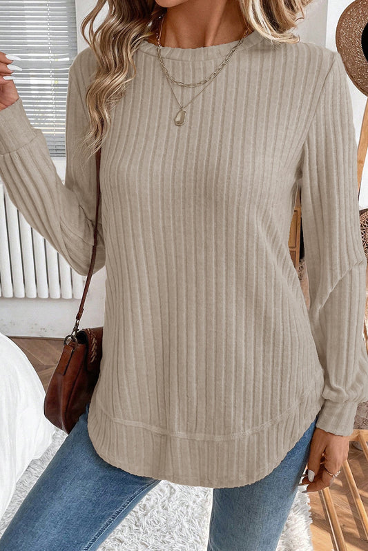 Beige Ribbed Round Hem Top FB