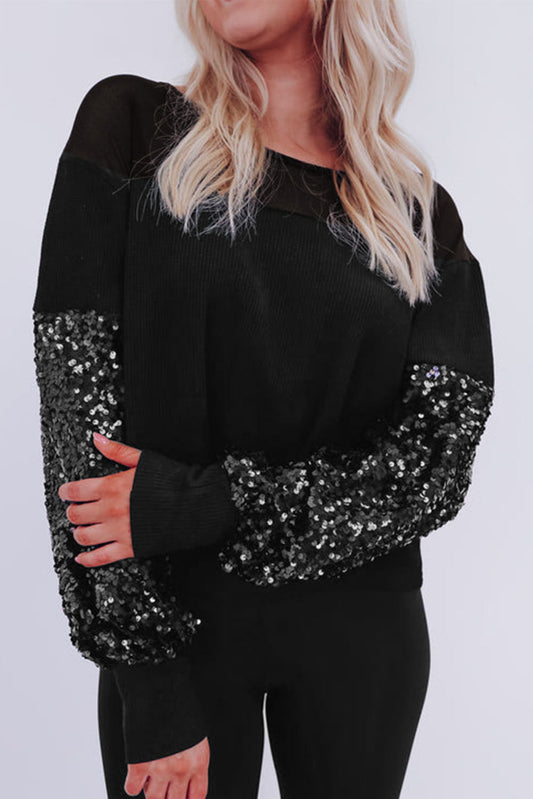 Black Sequin Lantern Blouse FB