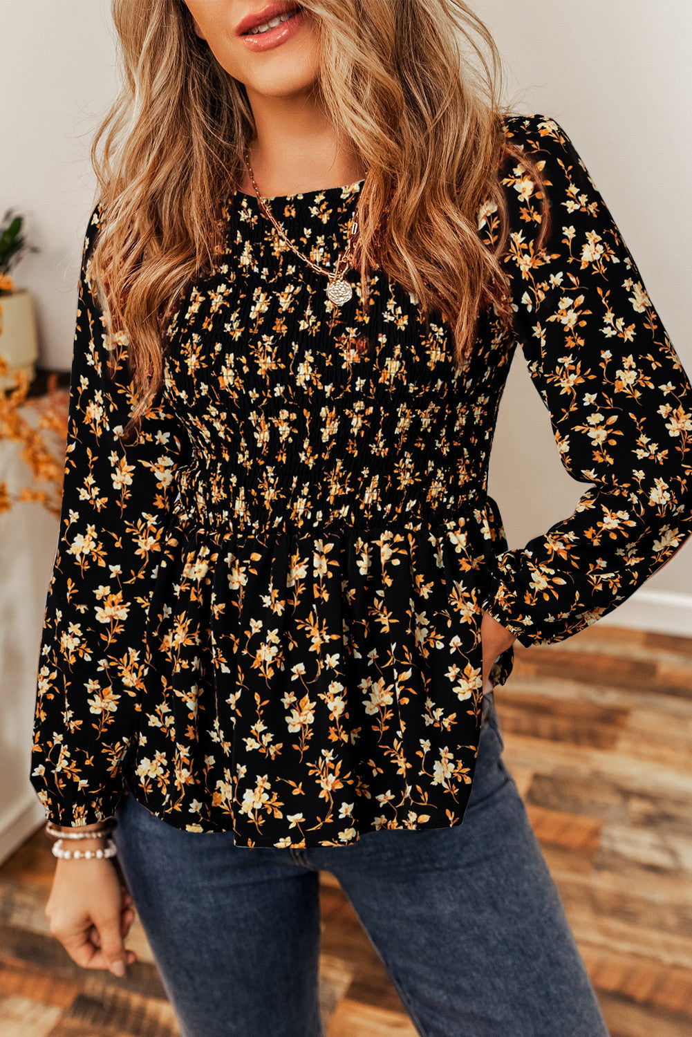 Black Boho Floral Smocked Blouse FB