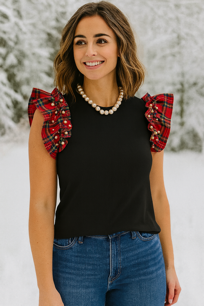 Plaid Pearl Ruffle Top LT