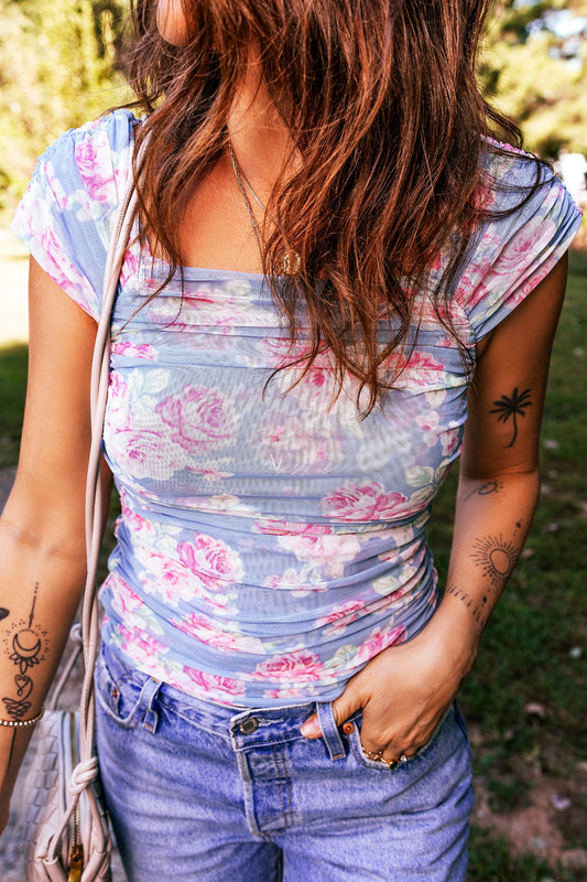 Blue Square Neck Floral Mesh Top RTS