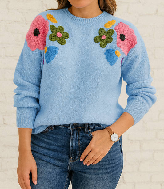 Blue Knitted Floral Sweater FB