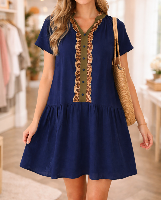 Blue Leopard Trim Button Dress FB