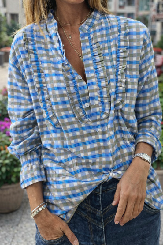 Blue Plaid Frilled Button Blouse FB