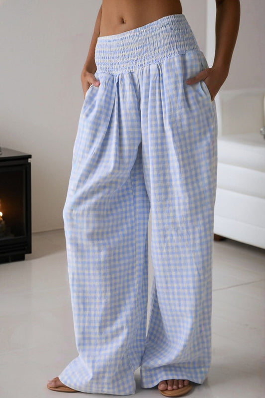 Blue Plaid Smocked Loose Pants LT