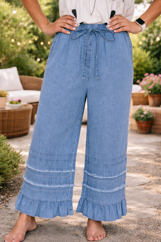 Blue Ruffled Chambray Pants FB