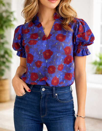 Blue Ruffled Floral Blouse FB