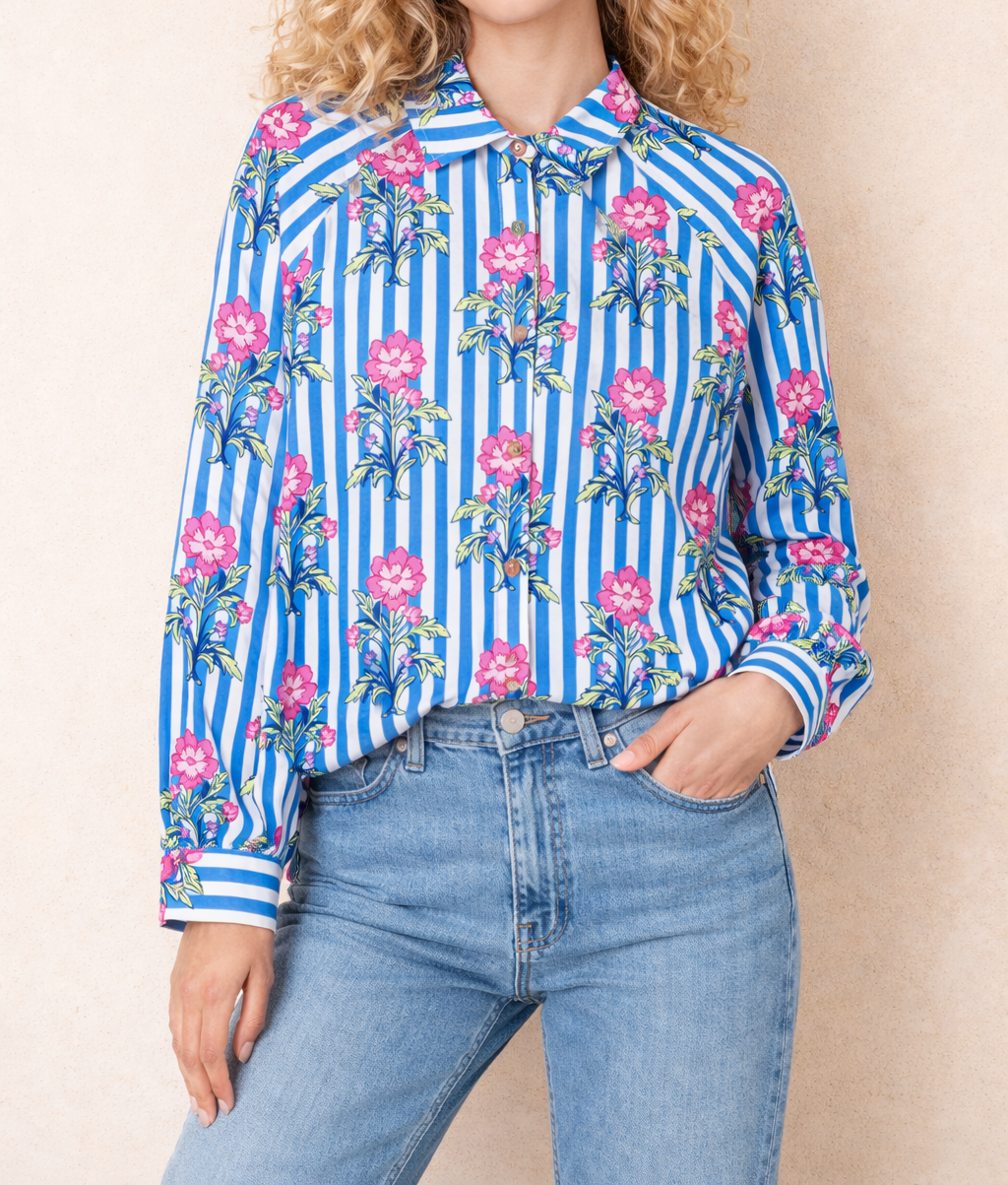 Blue Striped Floral Shirt FB