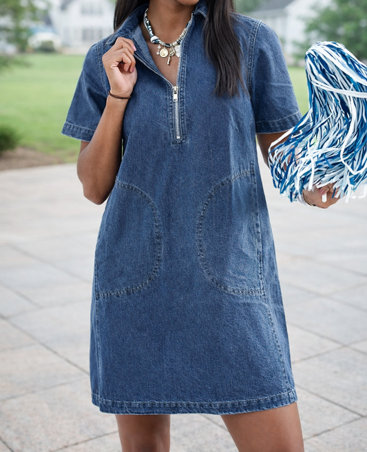 Blue Zip Up Denim Dress FB