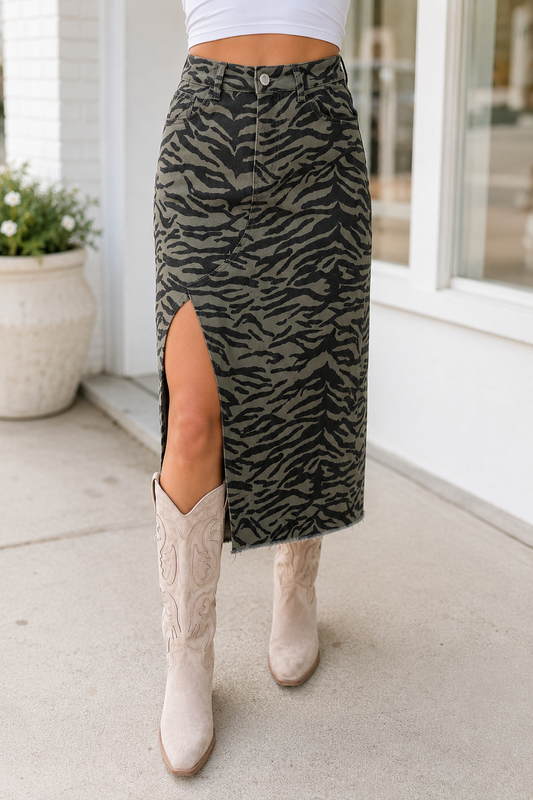 Patterned Denim Split Skirt