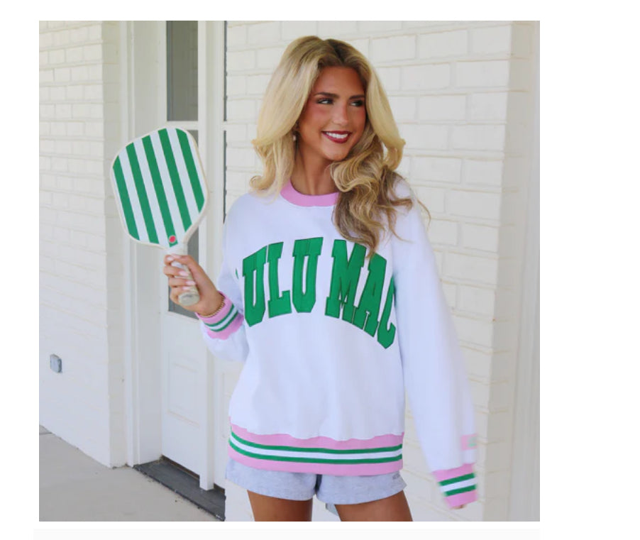 LULU MAC ADULT SWEATSHIRT WHITE WITH GREEN MONO STITCHING