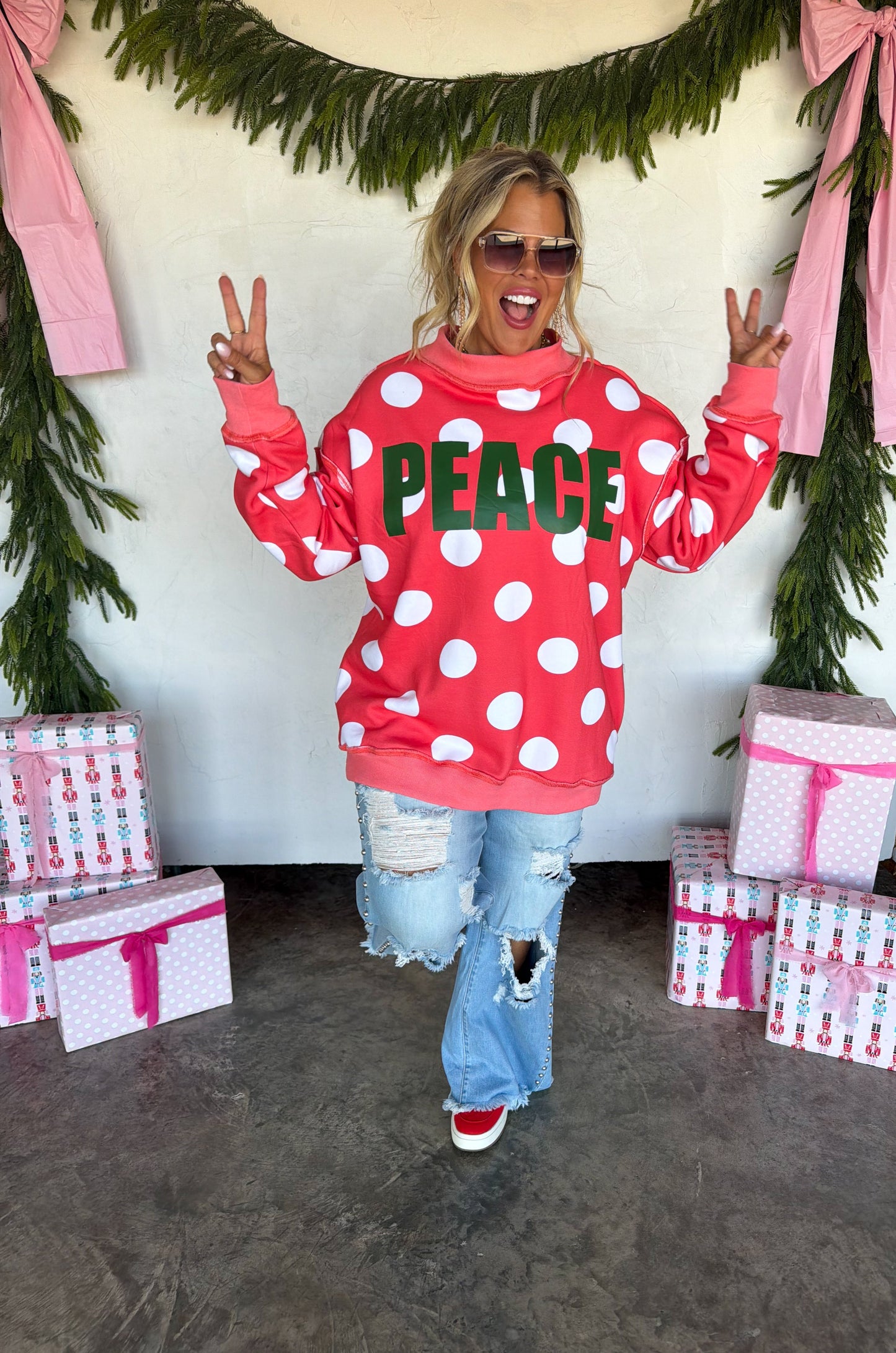 PREORDER- PEACE & POLKA DOT MOCK NECK PULLOVER