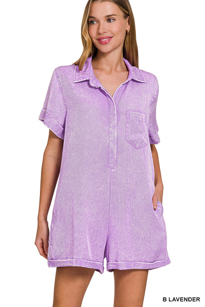 Mineral Wash Half Button Romper Zenana New RTS