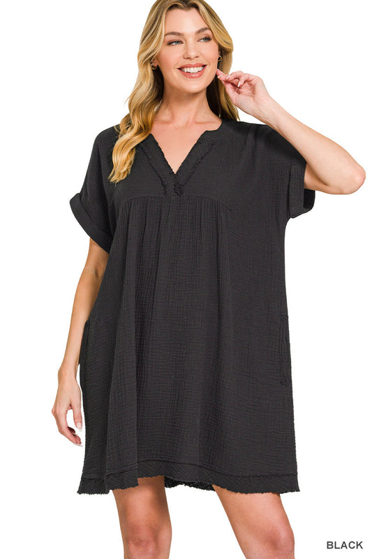 Zenana Double Gauze Raw Edge Dress RTS