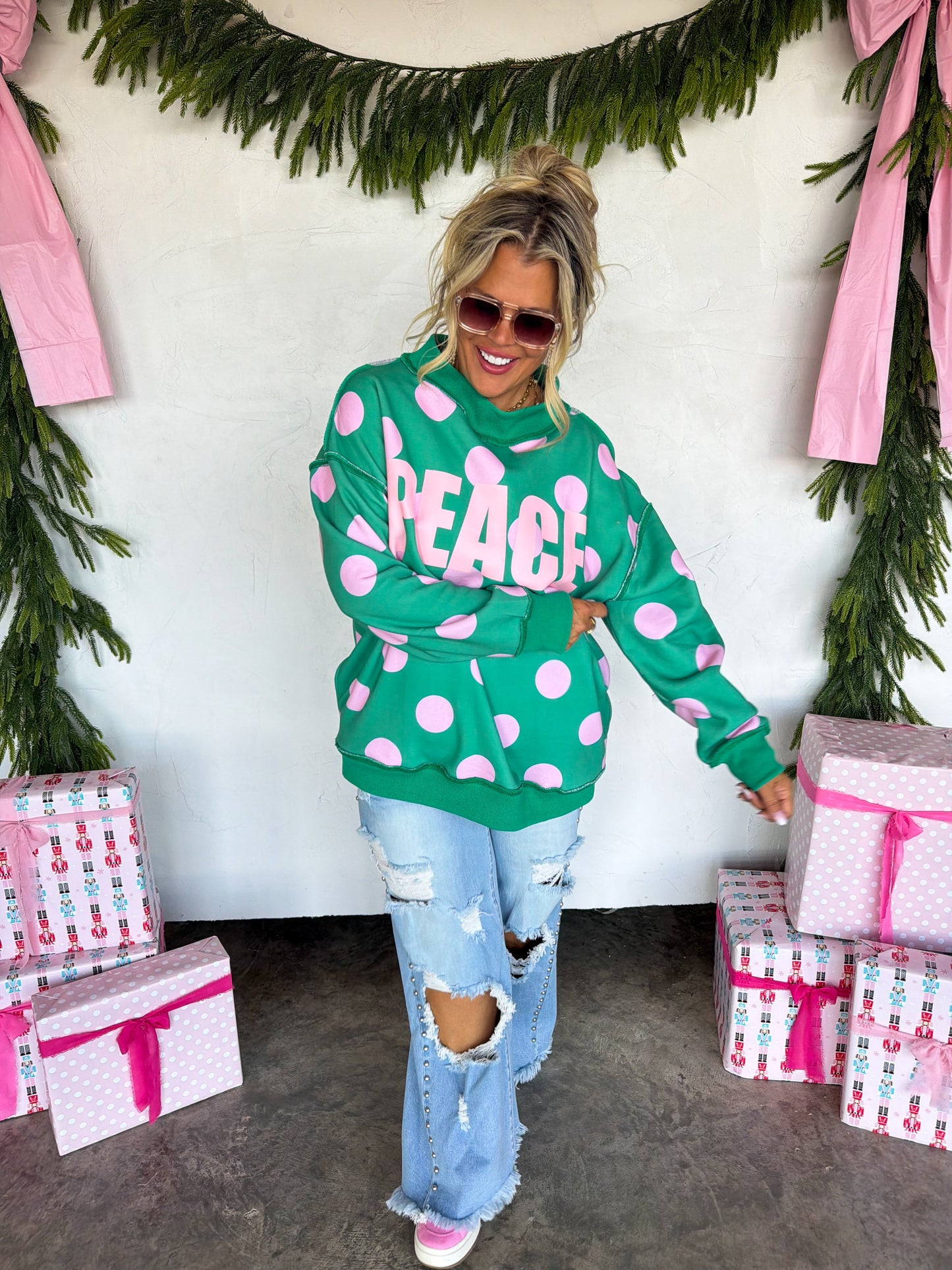 PREORDER- PEACE & POLKA DOT MOCK NECK PULLOVER