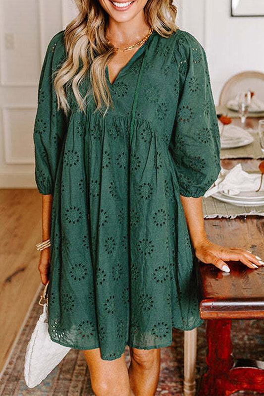 Green Eyelet Puff Sleeve Dress RTS