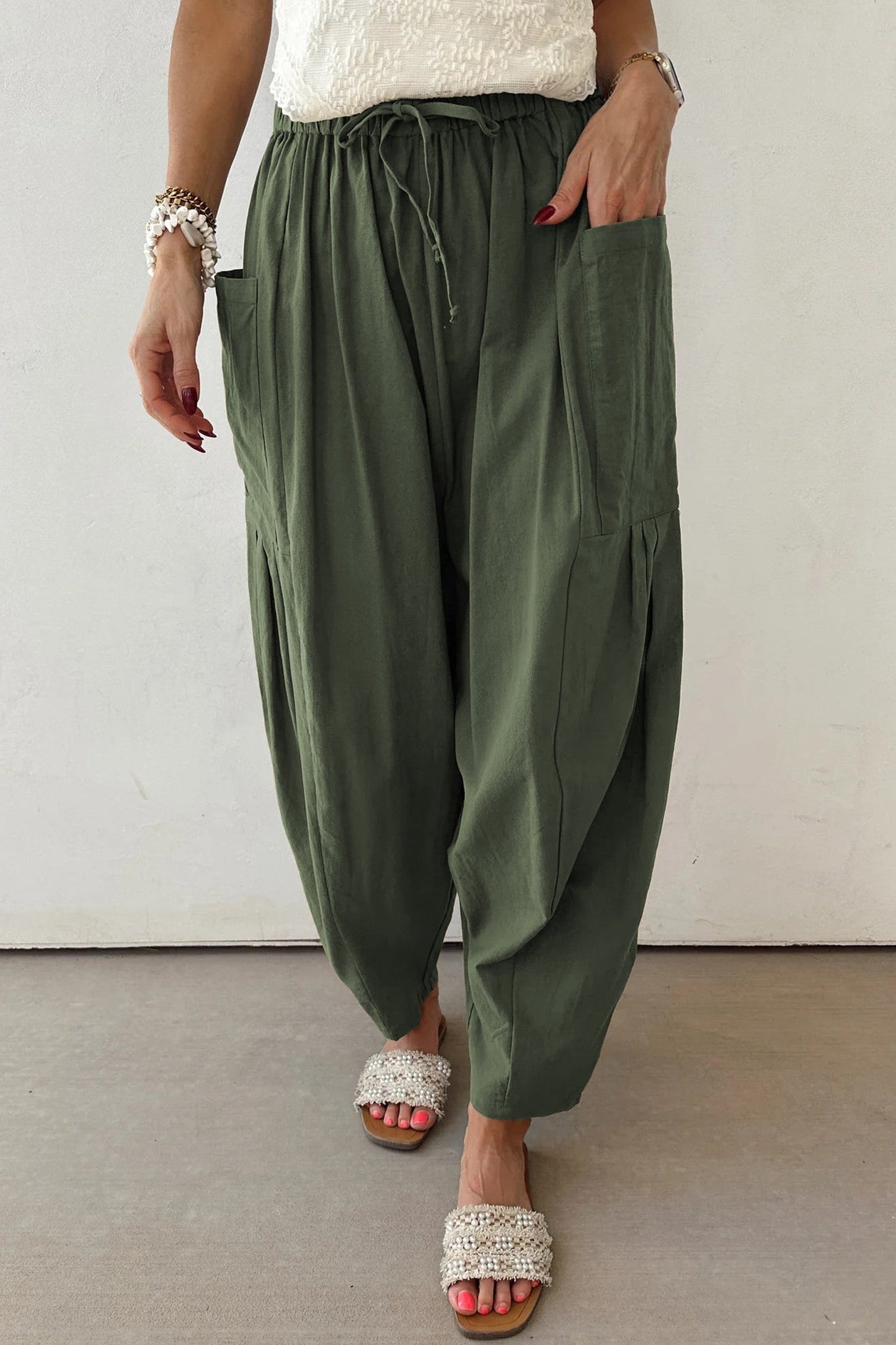 Green Elastic Casual Pants FB
