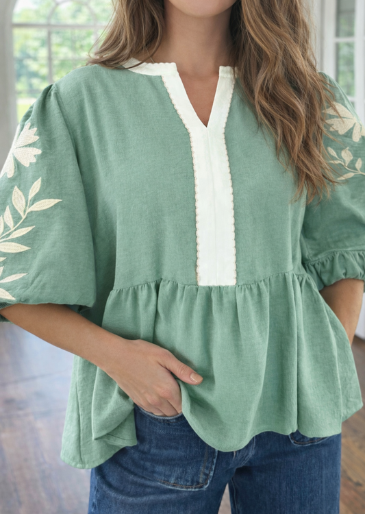Green Embroidered Babydoll Blouse FB