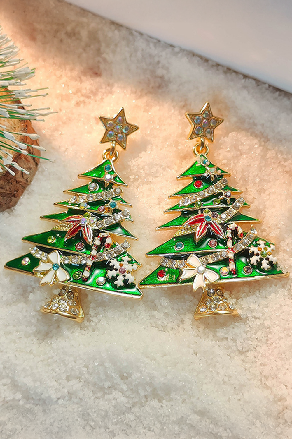 Green Rhinestone Christmas Tree Earrings FB