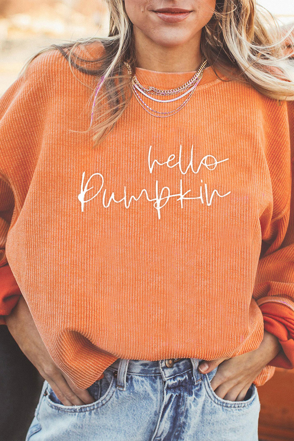 Hello Pumpkin Embroidered Ribbed Crew RTS