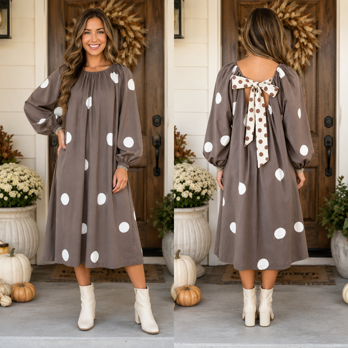 Brown Polka Dot Bow Back Midi Dress RTS