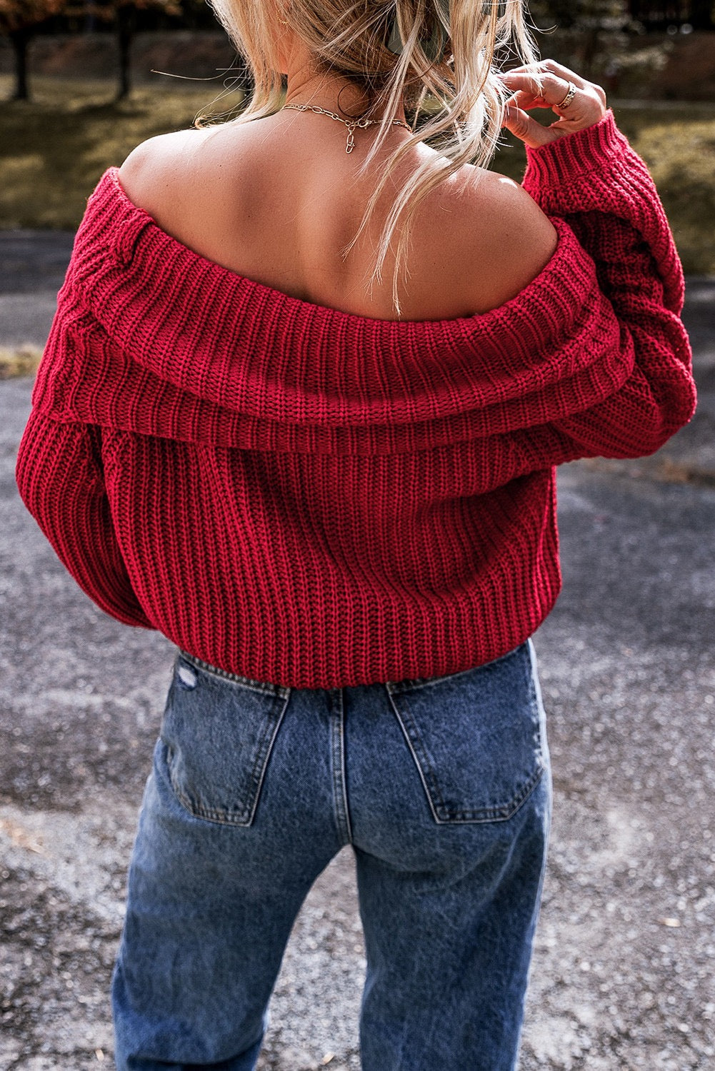 Red Off the Shoulder Sweater LT