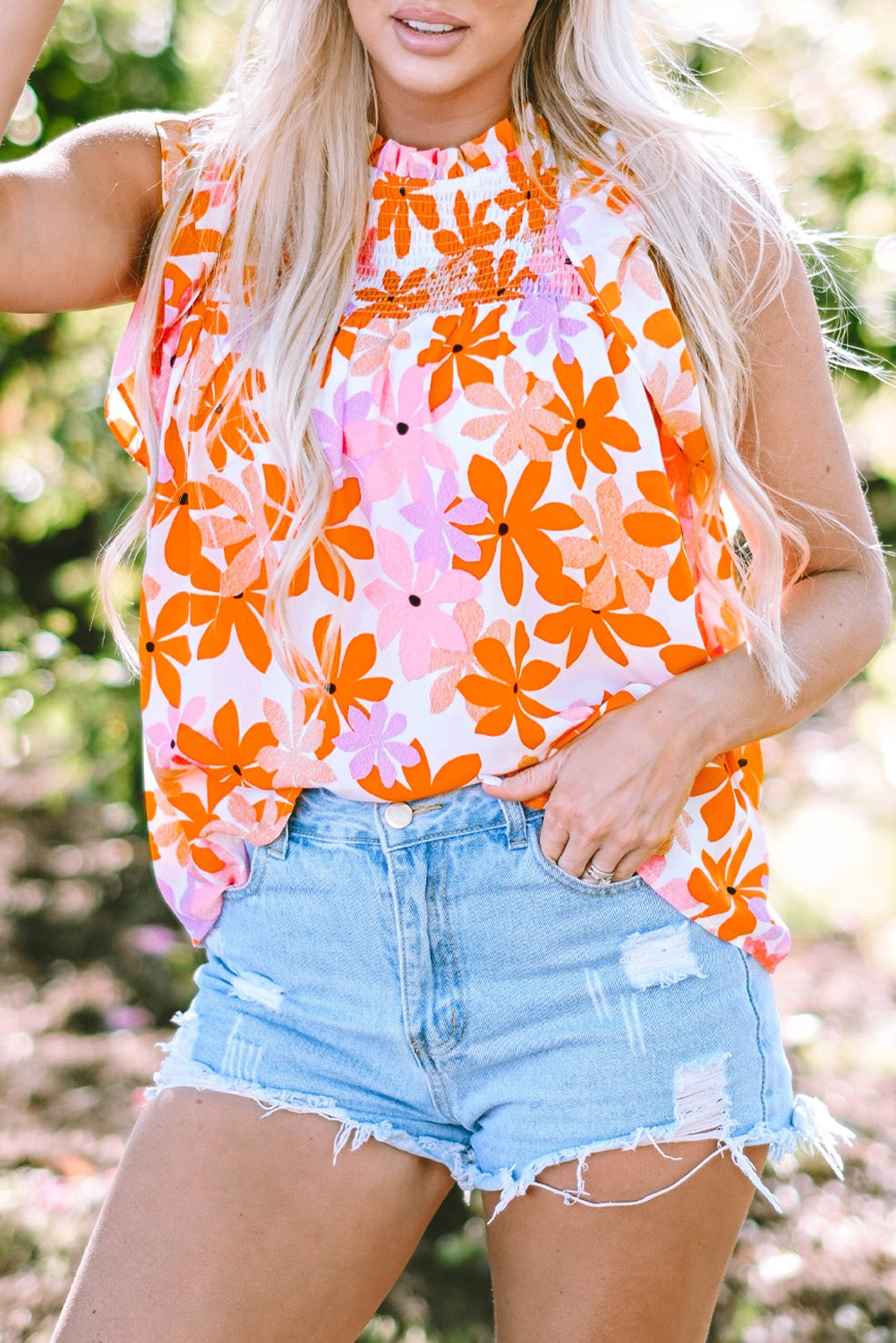 Orange Floral Smocked Blouse FB