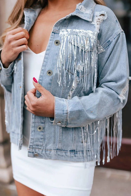 Sequin Fringe Denim Jacket LT