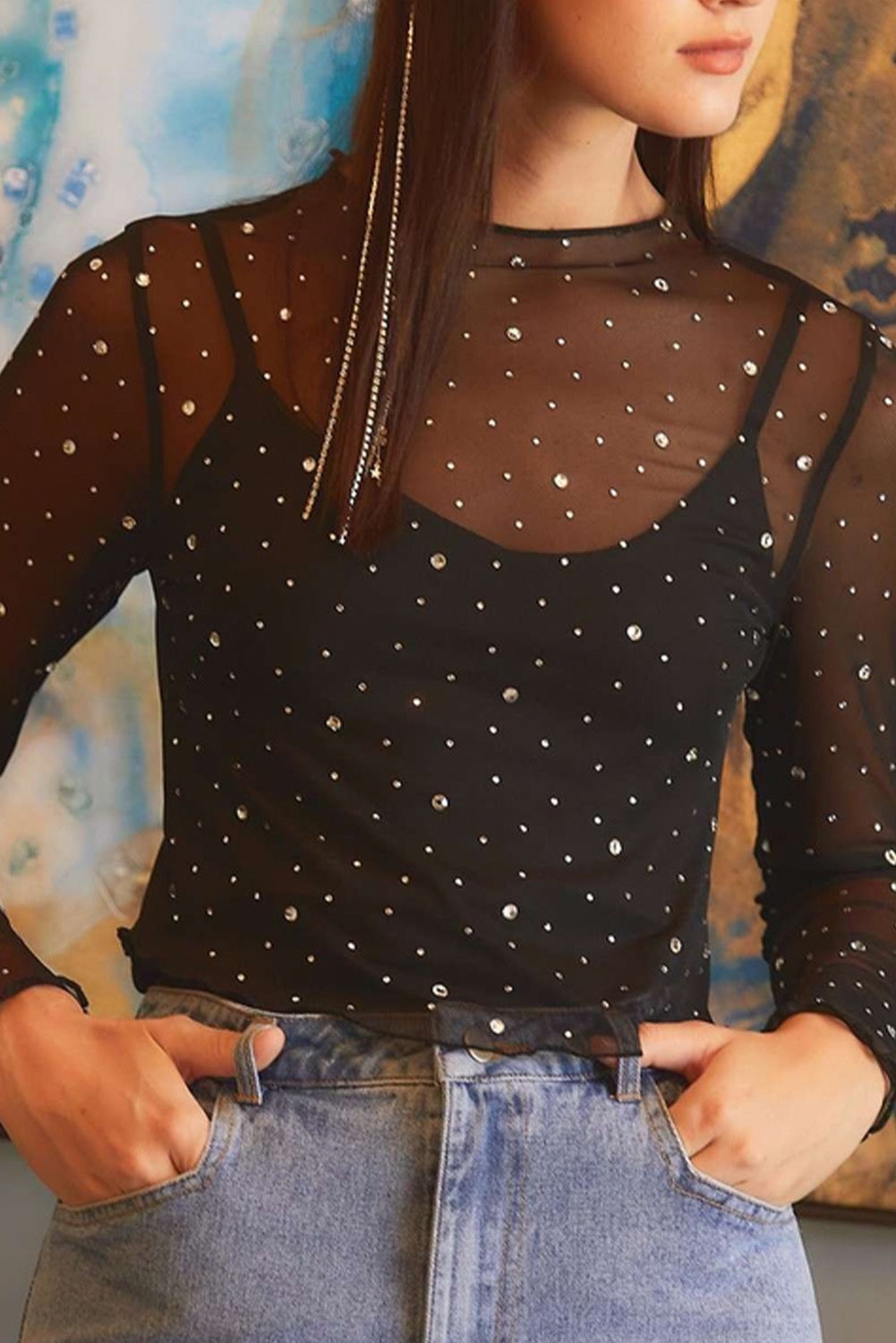 Black Rhinestone Mesh Top January.